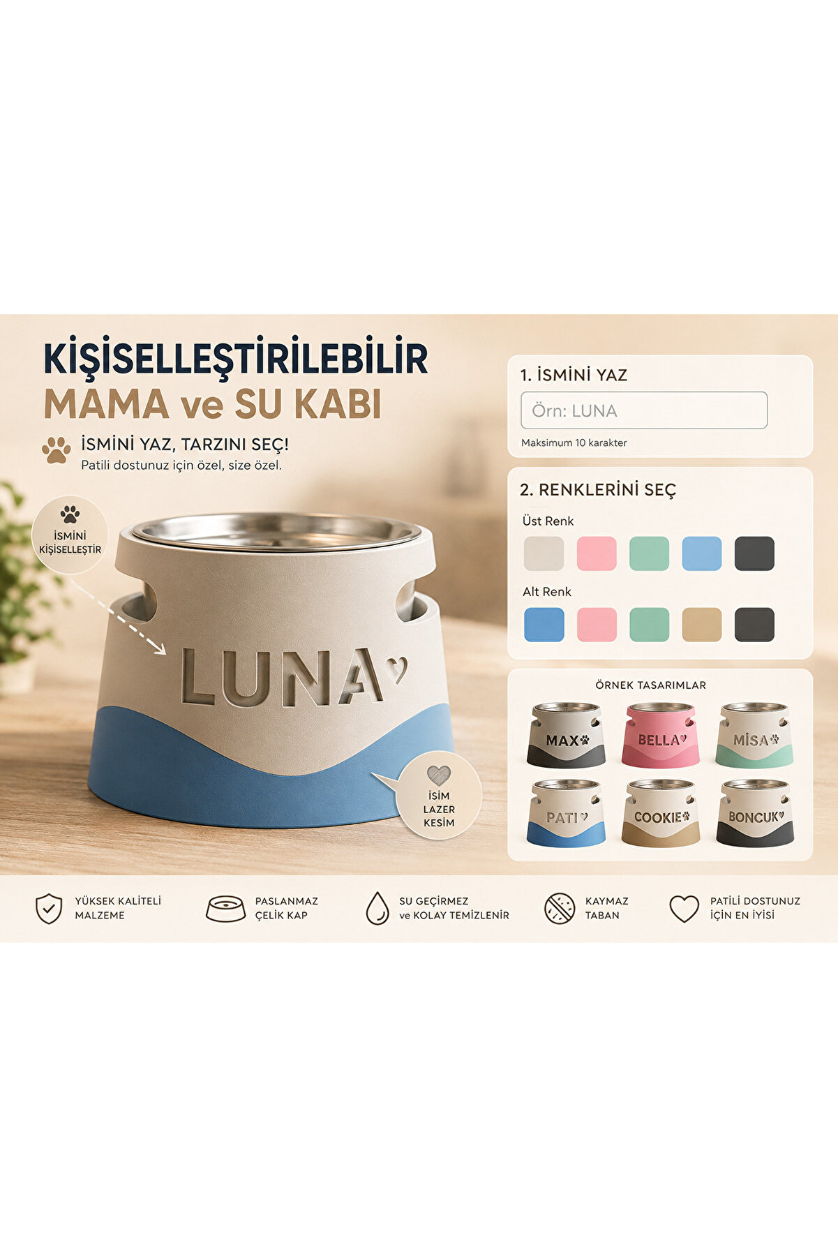 Kişiye Özel Mama ve Su Kabı | İsim Yazılabilir | Paslanmaz Çelik Hazneli