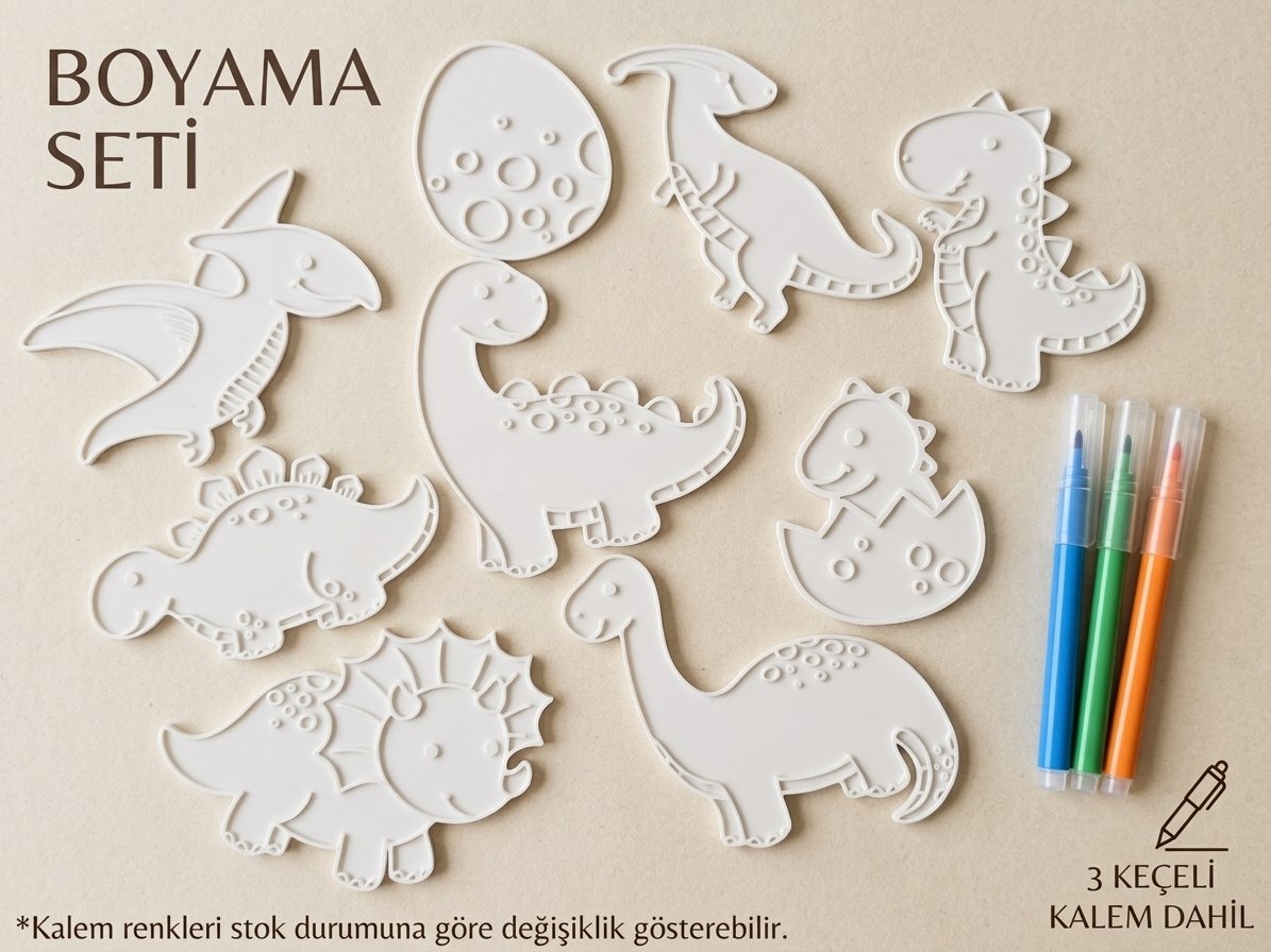 Dinozor Temalı Boyama Seti – 9 Parça Figür + 3 Adet Keçeli Kalem Hediyeli