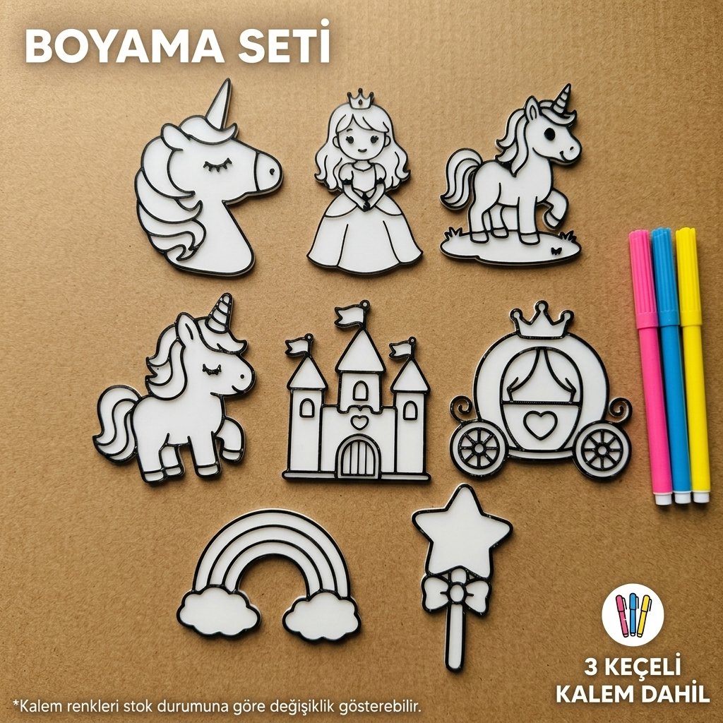 Unicorn ve Prenses Masalı Boyama Seti – 8 Parça Figür + 3 Keçeli Kalem Hediyeli