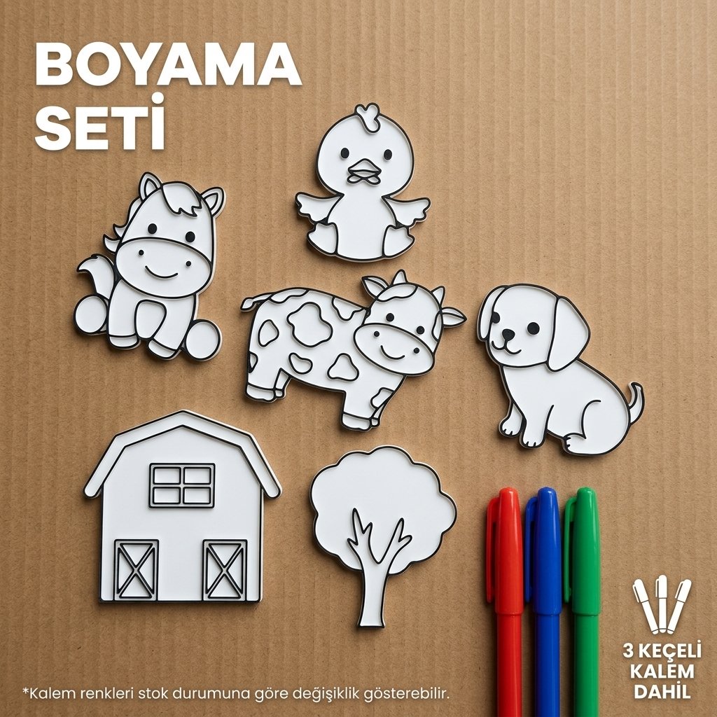 Sevimli Çiftlik Hayvanları Boyama Seti – 6 Parça Figür + 3 Keçeli Kalem Hediyeli
