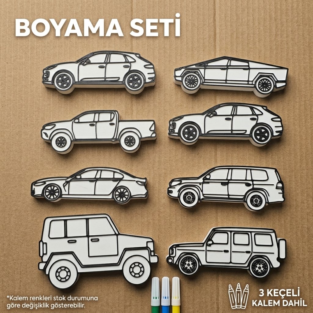 Parça Arabalar ve Araçlar Boyama Seti – 3 Keçeli Kalem Hediyeli DIY Etkinlik Seti