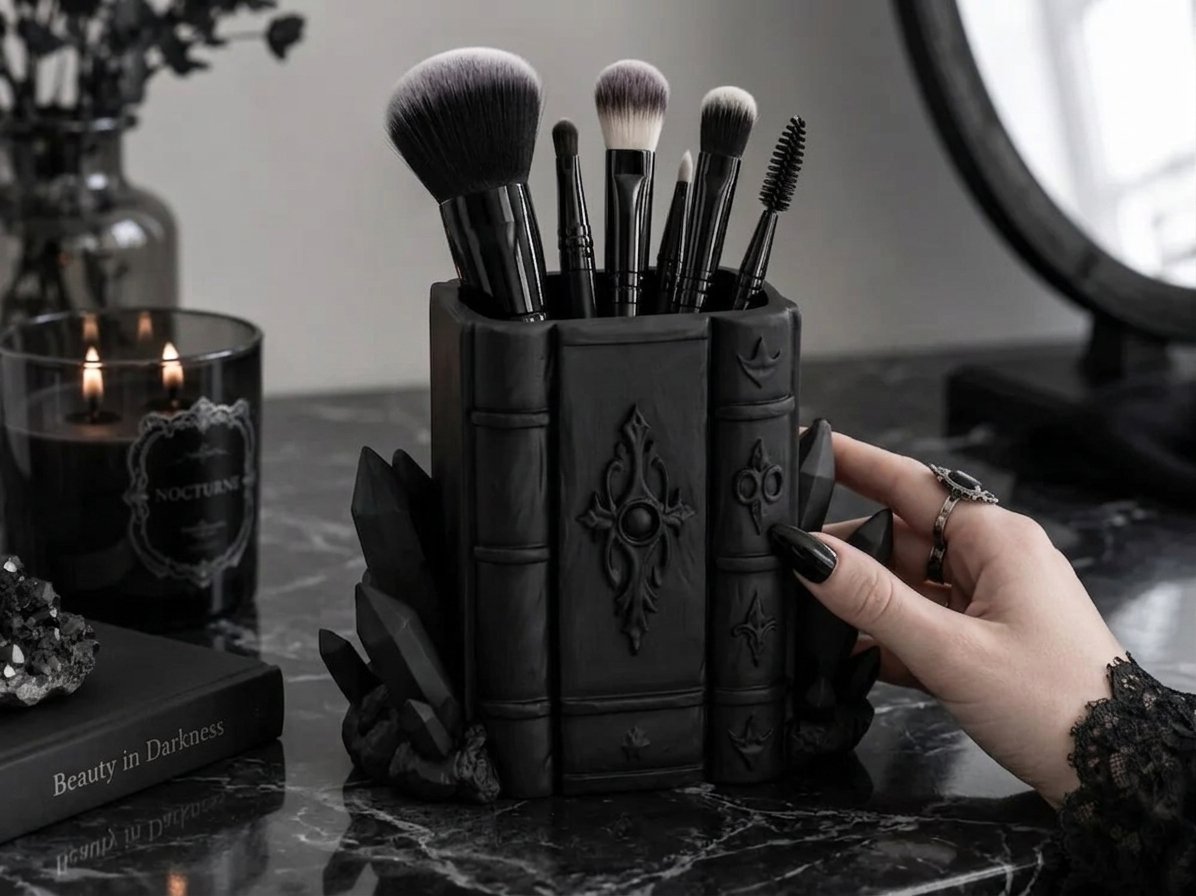 Gotik Tasarım Kitap & Kristal Detaylı Makyaj Fırçalığı – Masa Üstü Organizer