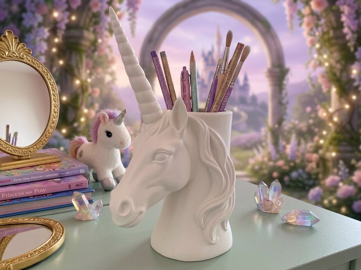 Beyaz Unicorn Tasarım Kalemlik & Makyaj Fırçalığı – Masal Temalı Masa Üstü Organizer