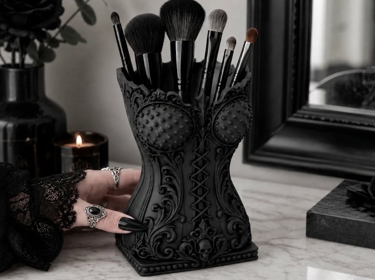 Gotik Korse Tasarım Makyaj Fırçalığı – Viktorya Dönemi Temalı Masa Üstü Organizer