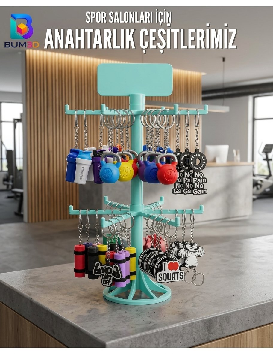 Toptan Fitness & Spor Temalı 3D Anahtarlık Seti – Shaker, Kettlebell, Clicker & Döner Stand Paketi
