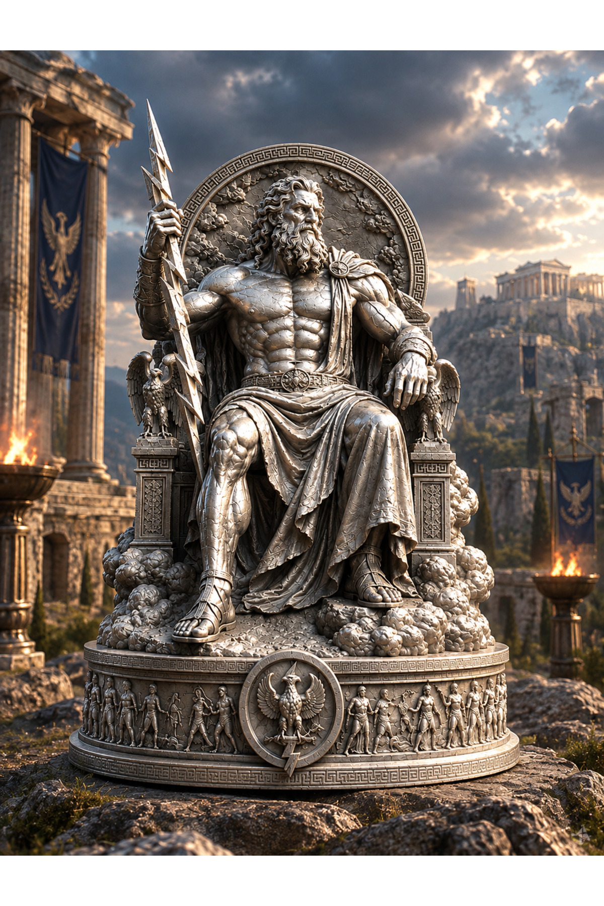 Zeus Heykeli Gümüş Renkli – Antik Yunan Tanrısı Biblo – Şimşekli Figürü